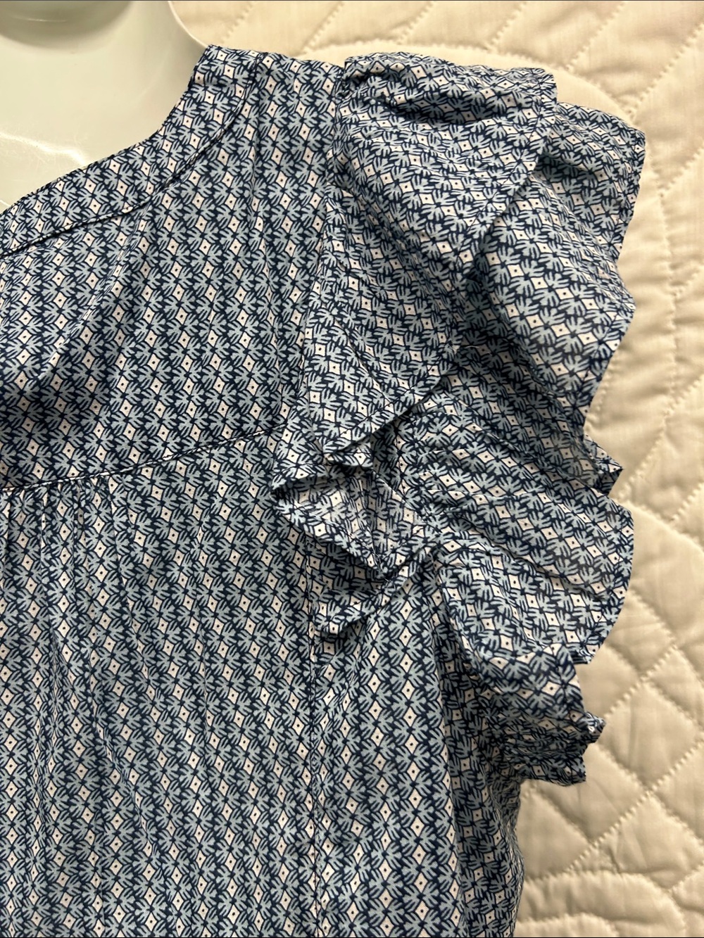 Vineyard Vines Blue Printed Ruffle-Sleeve Button Top - Picture 9 of 12